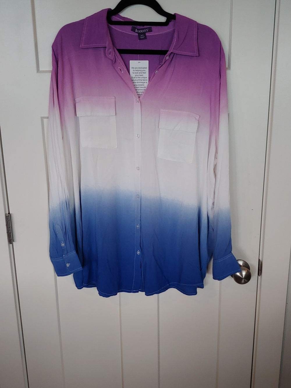 Roaman's Purple White Blue Ombre Button-Up Blouse